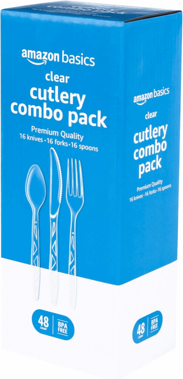 Disposable Clear Plastic Cutlery, Premium Quality, 48 Count, Combo Pack: 16 Forks, 16 Spoons and 16 Knives