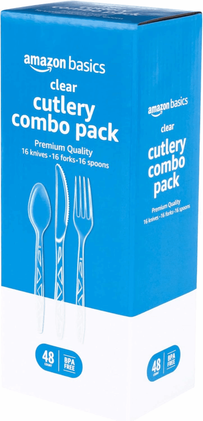 Disposable Clear Plastic Cutlery, Premium Quality, 48 Count, Combo Pack: 16 Forks, 16 Spoons and 16 Knives