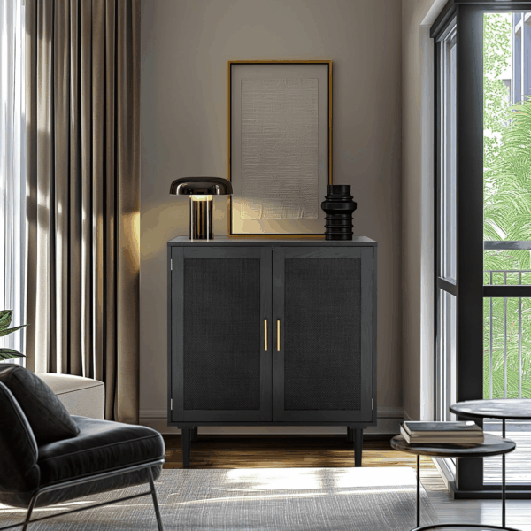 Sideboard Buffet Kitchen Storage Cabinet with Black Painted Rattan Decorated Doors, Dining Room, Hallway, Cupboard Console Table, Liquor/Accent Cabinet, 31.5X 15.8X 34.6 Inches, Black - Image 6