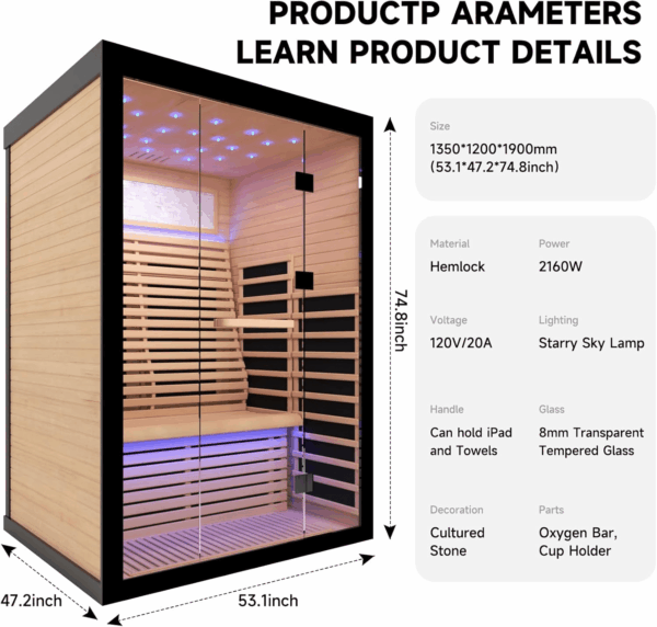 2 Person Infrared Sauna Room Far Infrared Saunas Home Canadian Hemlock Indoor 2160W Low-Emf Dry Saunas with Oxygen Bar 7 Color Therapy 53.1 * 47.2 * 74.8Inch - Image 6
