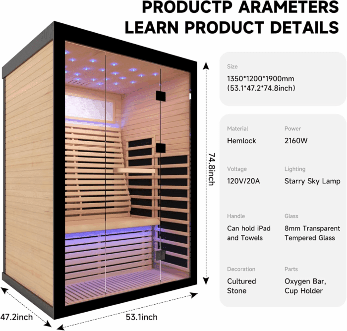 2 Person Infrared Sauna Room Far Infrared Saunas Home Canadian Hemlock Indoor 2160W Low-Emf Dry Saunas with Oxygen Bar 7 Color Therapy 53.1 * 47.2 * 74.8Inch - Image 6