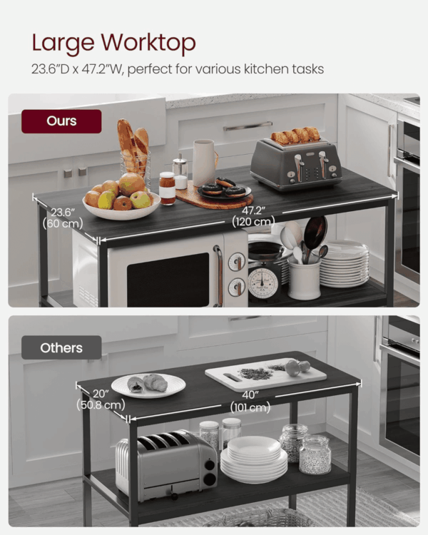 Kitchen Island with 3 Shelves, 47.2 Inches Width Kitchen Shelf with Large Worktop, Stable Steel Structure, Industrial, Easy to Assemble, Ebonised Oak and Black UKKI001B42 - Image 5