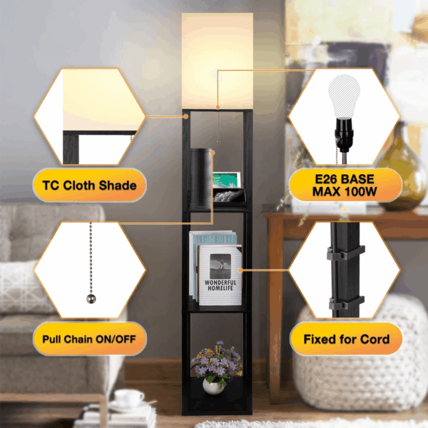 3-In-1 Shelf Floor Lamp with 1 Usb&Type C&1 AC Outlet, 3-Tiered LED Bedroom Lamp, Shelf & Storage Combination Modern Standing Light - Image 7