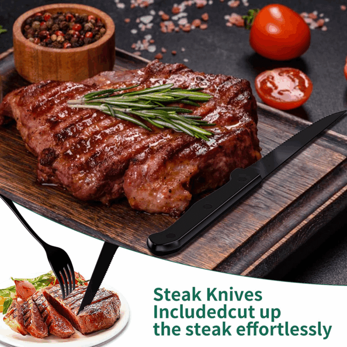 49-Piece Black Silverware Set with Drawer Organizer, Stainless Steel Cutlery for 8 with Matte Steak Knives, Forks, Spoons - Dishwasher Safe - Image 6