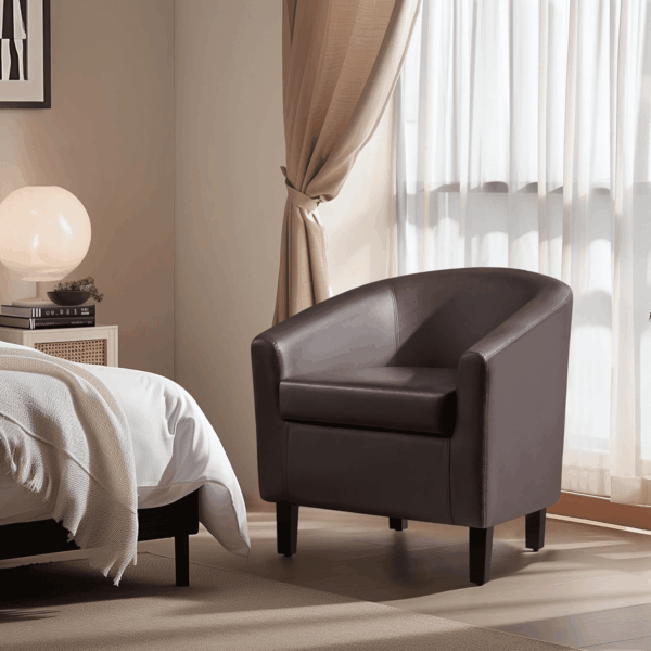 Leather Club Chair, Faux Leather Accent Chair, Modern Living Room Armchair with Wood Legs and Padded Seat for Bedroom Reception Room, Espresso - Image 4