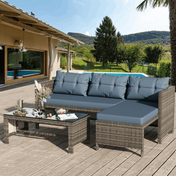 Outdoor Patio Furniture Sets, Wicker Patio Sectional Sets 3-Piece, All Weather Wicker Rattan Patio Seating Sofas with Glass Coffee Table and Cushion (Blue)