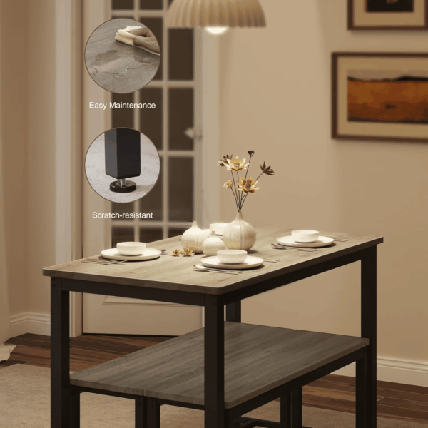 Dining Table Set for 4, Kitchen Room Table Set with 2 Benches, 3-Piece Dining Chairs Set for Breakfast Nook, Grey - Image 3