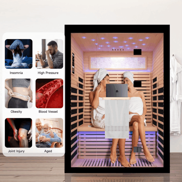 2 Person Infrared Sauna Room Far Infrared Saunas Home Canadian Hemlock Indoor 2160W Low-Emf Dry Saunas with Oxygen Bar 7 Color Therapy 53.1 * 47.2 * 74.8Inch - Image 3