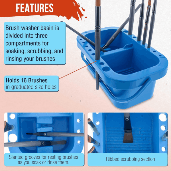 Paint Brush Cleaner Washer, 16 Hole Paintbrush Holder, 18 Palette Wells Paint Tray, 3 Cleaning Basins, Acrylic, Watercolor, Oil, Painting Accessories - Image 4