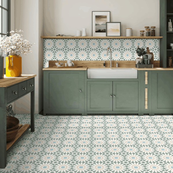 Peel and Stick Floor Tile - 20 PCS, 8" X 8" Vinyl Flooring - Waterproof Self-Adhesive Tile Sticker for Wall Backsplashes, Bathroom, Kitchen - Green and White Floral Look - Image 3