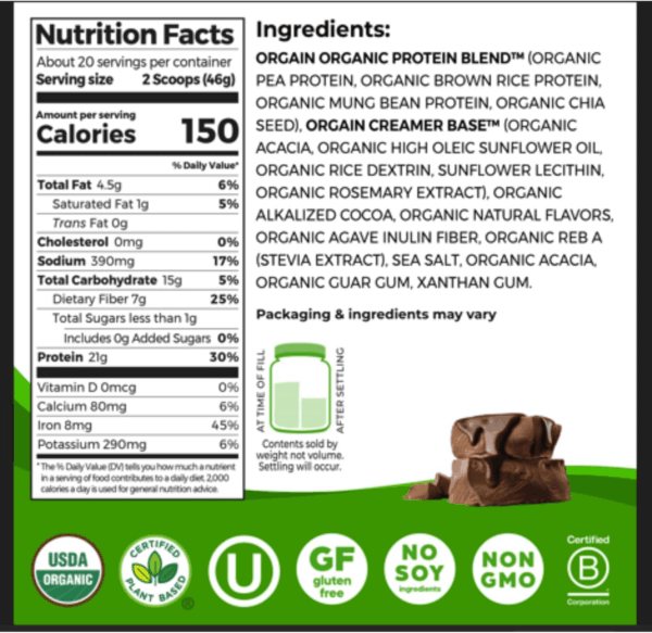Organic Vegan Protein Powder, Creamy Chocolate Fudge - 21G Plant Protein, 6G Prebiotic Fiber, Low Net Carb, No Lactose Ingredients, No Added Sugar, Non-Gmo, for Shakes & Smoothies, 2.03 Lb - Image 2