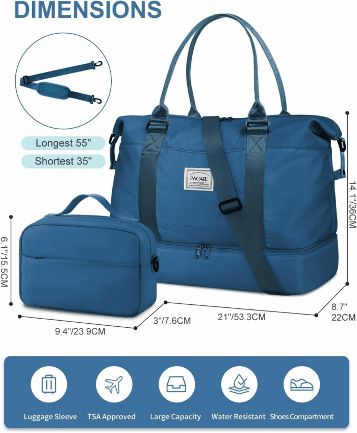 Travel Duffel Bag, Weekender Bags for Women, Overnight Gym Carry on Tote Bag with Wet Pocket, Hospital Mom Bag for Labor and Delivery - Extra Large Set, Peacock Blue - Image 7