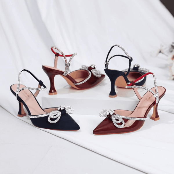 Women'S Closed Toe Rhinstone Wedding Low Heel Slingback Clear Kitten Heels,Adjustable Strap Pointed Toe Bow Pumps High Heeled Prom Dress Shoes - Image 6