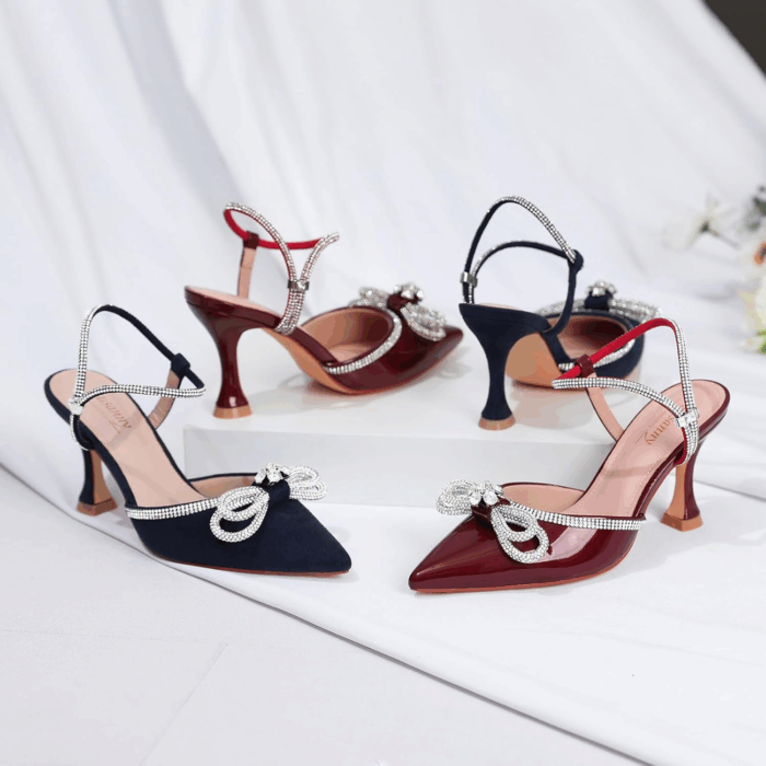 Women'S Closed Toe Rhinstone Wedding Low Heel Slingback Clear Kitten Heels,Adjustable Strap Pointed Toe Bow Pumps High Heeled Prom Dress Shoes - Image 6