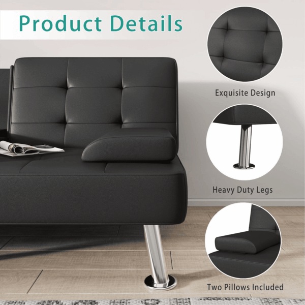 Futon Sofa Bed Modern Folding Futon Set Convertible Recliner Lounge for Living Room with 2 Cup Holders, Removable Armrests (PU Leather, Black) - Image 7