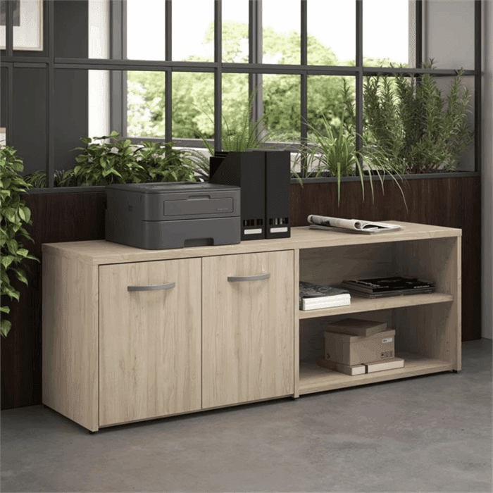 Studio C Low Storage Cabinet with Doors and Shelves in Natural Elm, Organization for Home or Professional Office - Image 2
