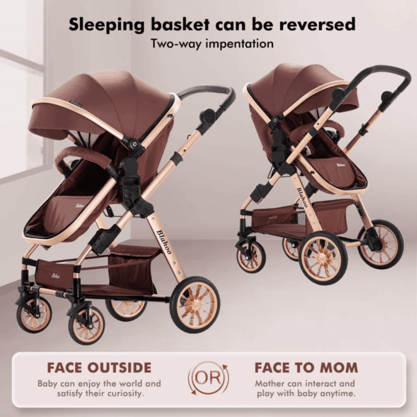 Baby Stroller for Toddler,Bassinet Stroller,Foldable Aluminum Alloy Pushchair with Adjustable Backrest,Adjustable Direction Coffee - Image 2