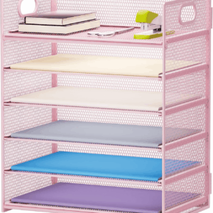 6 Tier Paper Organizer Letter Tray - Mesh Desk File Organizer with Handle, Paper Sorter Organizer for Letter/A4 Office File Folder Holder - Pink