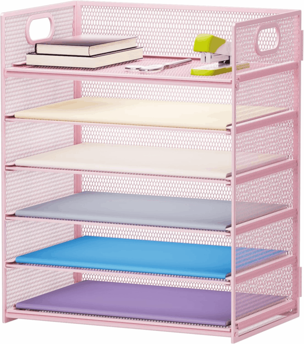 6 Tier Paper Organizer Letter Tray - Mesh Desk File Organizer with Handle, Paper Sorter Organizer for Letter/A4 Office File Folder Holder - Pink