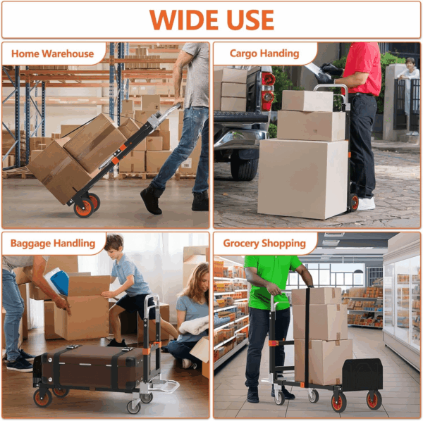3 in 1 Heavy Duty Folding Hand Truck, Convertible Portable Steel Dolly with Telescopic Handle, Foldable Utility Cart with Rubber Wheels, 500 LB Capacity - Image 5