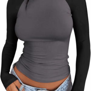 Women'S Long Sleeve Shirts Slim Fit Stretchy Color Block Slightly Cropped Tops
