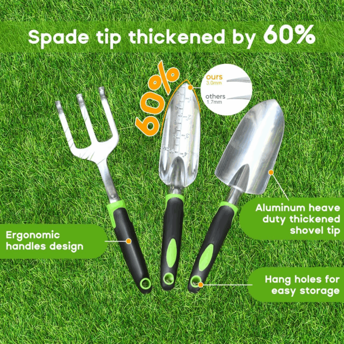 Garden Tool Set, 3 Pack Aluminum Heavy Duty Gardening Kit Includes Hand Trowel, Transplant Trowel and Cultivator Hand Rake with Soft Rubberized Non-Slip Ergonomic Handle, Garden Gifts - Image 2