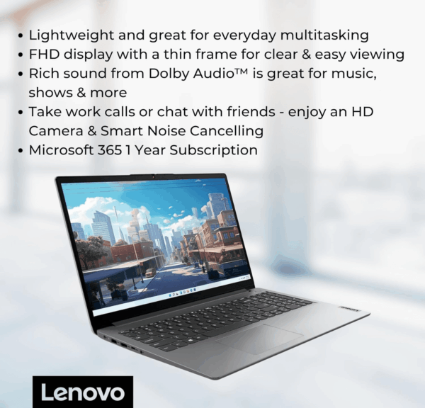 Ideapad 1 Student Laptop, 15.6" FHD Display, Intel Dual Core Processor, 12GB RAM, 512GB SSD + 128GB Emmc, 1 Year Office 365, Wi-Fi 6, Webcam, Bluetooth, SD Card Reader, Windows 11 Home, Grey - Image 3