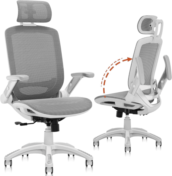 Ergonomic Office Chair, High Back Home Desk Chair with Headrest, Flip-Up Arms, 90-120° Tilt Lock and Wide Cushion, 400LBS Mesh Chairs for Man Woman, White Task Chair(Dark Grey,Gy01Wdg)