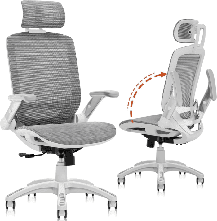 Ergonomic Office Chair, High Back Home Desk Chair with Headrest, Flip-Up Arms, 90-120° Tilt Lock and Wide Cushion, 400LBS Mesh Chairs for Man Woman, White Task Chair(Dark Grey,Gy01Wdg)