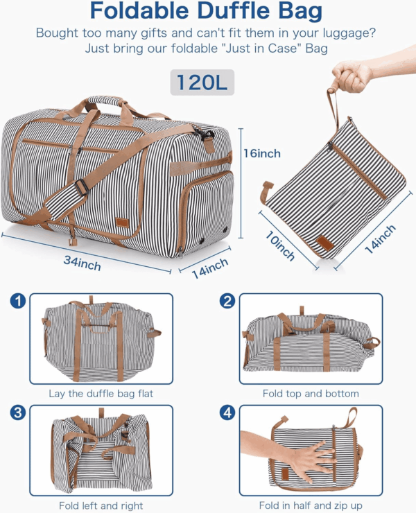 120L Travel Duffle Bag for Men and Women, Large Foldable Duffel Bag for Travel with Shoe Compartment Overnight Weekender Bag Gym Bag Water & Tear Resistant (Stripe, 120L) - Image 2