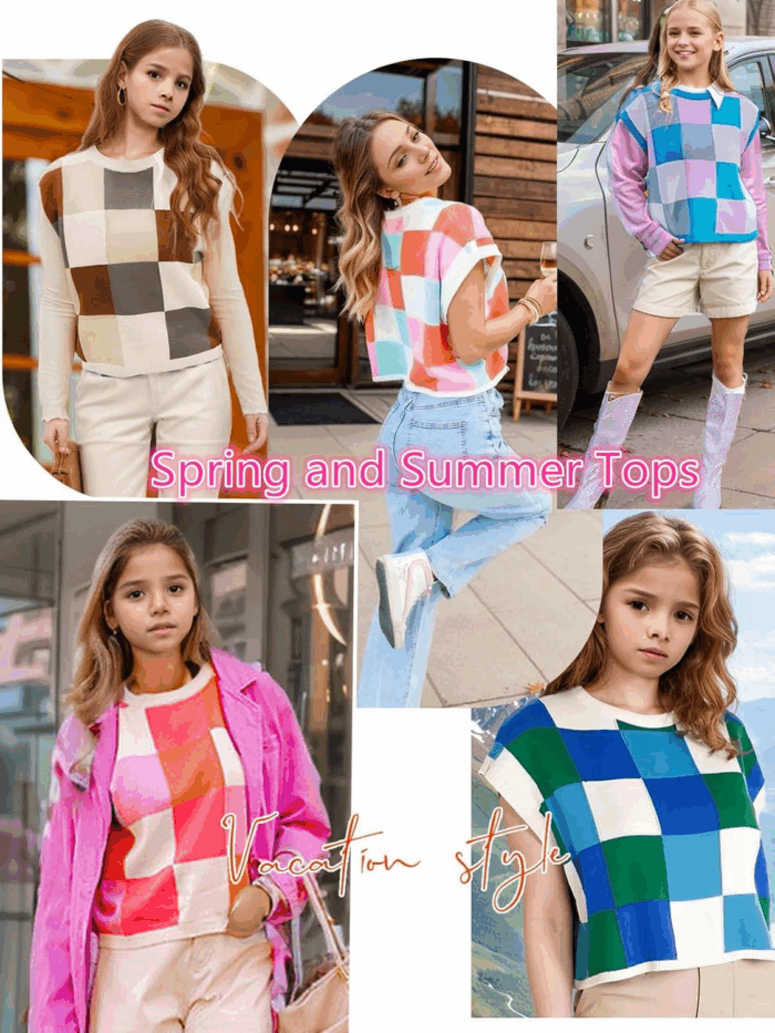 Girls Summer Crop Tops Spring Vest Cute Tanks Cap Sleeve Colorblock Tee Loose Kids Fall Knit Top - Image 5
