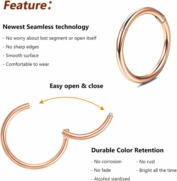 4Pcs 16G 18G 20G Surgical-Steel-Piercing-Ring-Nose-Rings-Hinged-Hoop-Earrings,6Mm 8Mm 10Mm 12Mm Seamless Stainless Steel Clicker Eyebrow Septum Piercing Hoop,Sliver Black Gold Rose Gold Rainbow Body Jewelry Set - Image 4