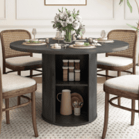 47 Inch round Dining Table for 4, Kitchen Table Dinner Table with 2-Layer Storage Shelf and Wood Slide Door for Home Dining Room Living Room (Black)