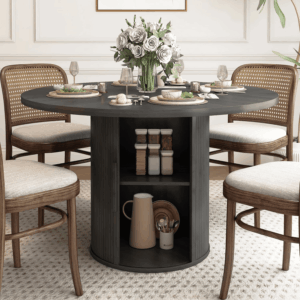 47 Inch round Dining Table for 4, Kitchen Table Dinner Table with 2-Layer Storage Shelf and Wood Slide Door for Home Dining Room Living Room (Black)