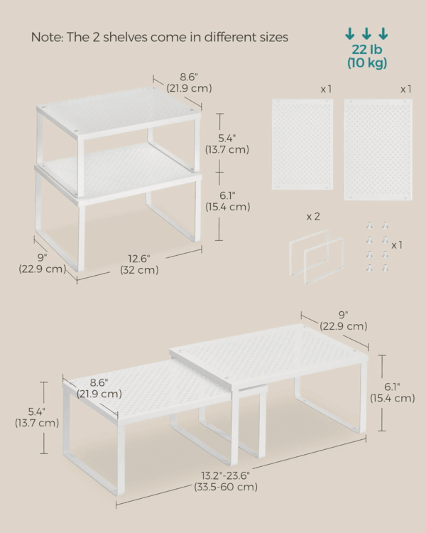 Spice Racks, Cabinet Shelf Organizers, Shelf Organizers, Countertop Organizers, Shelf Risers, Stackable, Expandable, Set of 2 Metal Kitchen Counter Shelves, White UKCS01WT - Image 2