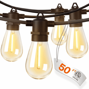 50FT LED Outdoor String Lights with Edison Shatterproof Bulbs, Weatherproof Strand, Commercial Grade Patio Lights, Decorative for Garden or Patio, Black