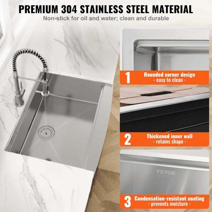 33 Inch Farmhouse Kitchen Sink, 304 Stainless Steel Sink, Top Mount Single Bowl Kitchen Sinks with Ledge & Accessories, Household Dishwasher Sinks for Farm, Prep Kitchen, Garage and Bar Sink - Image 4