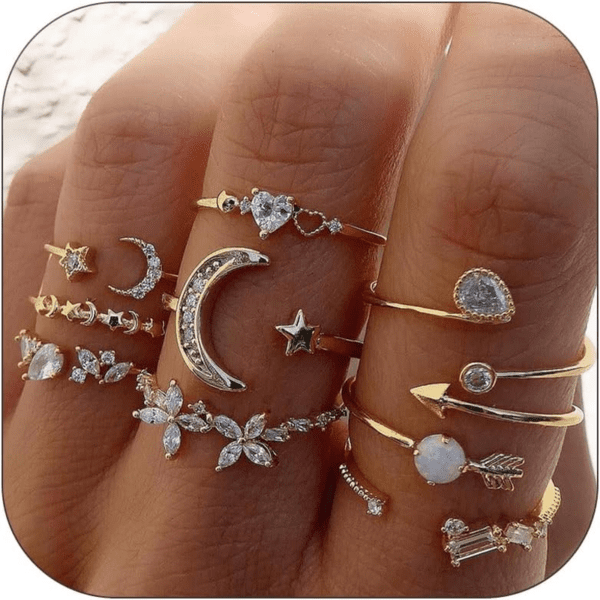 Gold Stackable Rings for Women Gifts Trendy Stuff Simple Star Moon Heart Knuckle Rings Set Boho Rings Cute Stuff Birthday Gifts Gold Rings Pack Jewelry Easter Basket Essentials Stuffers