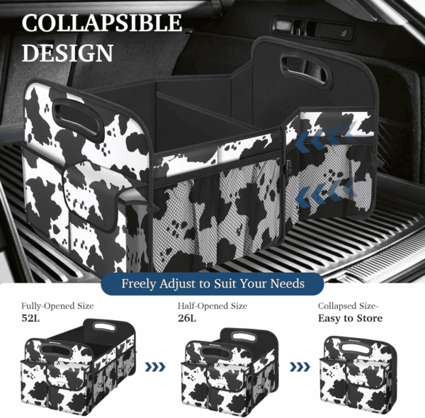 Car Trunk Organizer, Cow Print, Vintage Style, 52L Capacity, 4 Compartments, Waterproof, Non-Slip, Collapsible, 22.5"D X 18"W X 10.8"H - Image 4