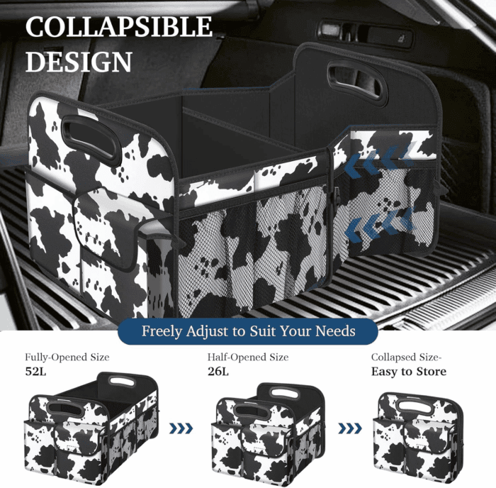 Car Trunk Organizer, Cow Print, Vintage Style, 52L Capacity, 4 Compartments, Waterproof, Non-Slip, Collapsible, 22.5"D X 18"W X 10.8"H - Image 4