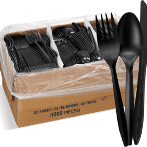1,000 Plastic Disposable Cutlery Bulk Variety Pack Black Medium Weight Includes 334 Forks, 333 Knives, 333 Soup Spoons, Disposable Silverware Plastic Cutlery
