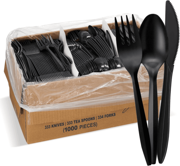 1,000 Plastic Disposable Cutlery Bulk Variety Pack Black Medium Weight Includes 334 Forks, 333 Knives, 333 Soup Spoons, Disposable Silverware Plastic Cutlery
