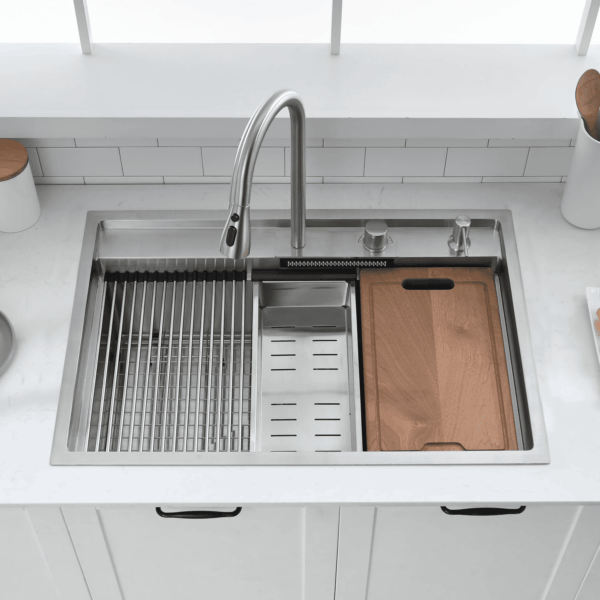 30 Inch Drop in Waterfall Kitchen Sink Workstation with Faucet Combo- 30X22 Drop-In Sink 16 Gauge Stainless Steel Single Bowl Kitchen Sink with Cutting Board - Image 3
