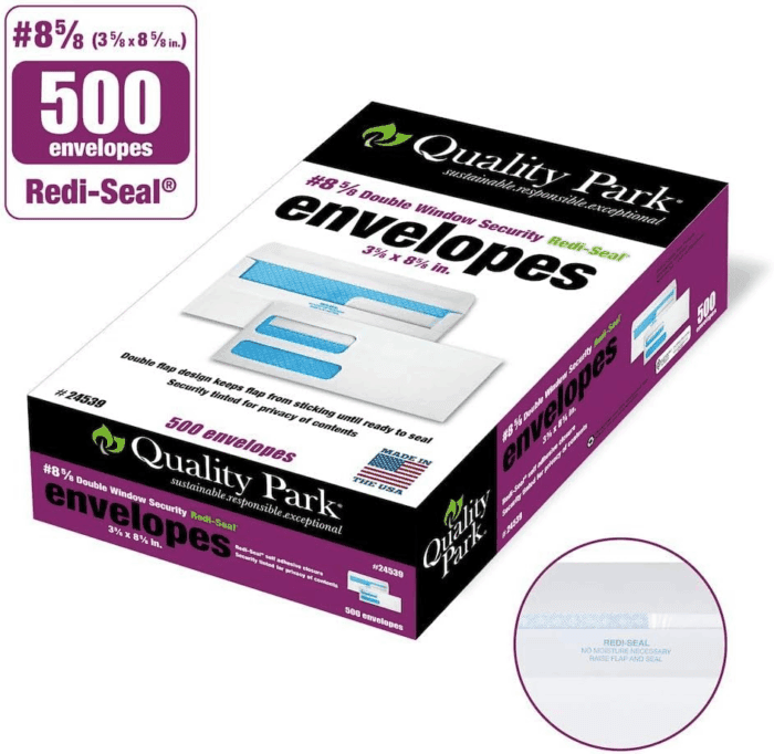 #8 5/8 Security Envelopes, Double Window, Self Seal Envelopes for Invoices/Statements, 3-5/8" X 8-5/8", 24 Lb White, 5/Box (QUA24539) - Image 4