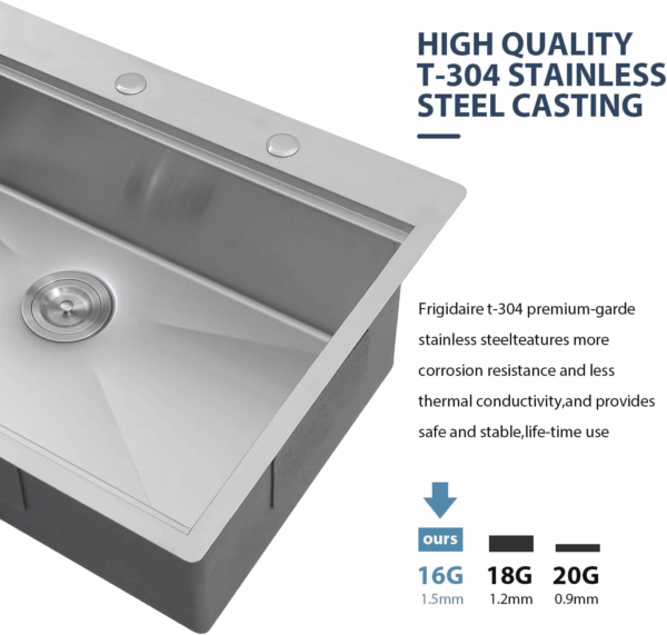 33 Drop in Kitchen Sink Workstation - 33X22 Kitchen Sinks Drop in Stainless Steel 16 Gauge Single Bowl Handmade Topmount Sink with Cutting Board - Image 3