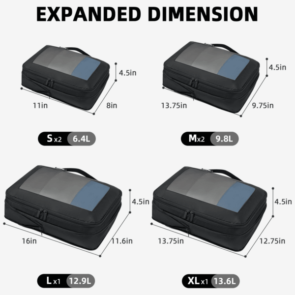 4 Set/6 Set/8 Set Compression Packing Cubes Travel Accessories Expandable Packing Organizers(Black Squaremesh 6 Set) - Image 2