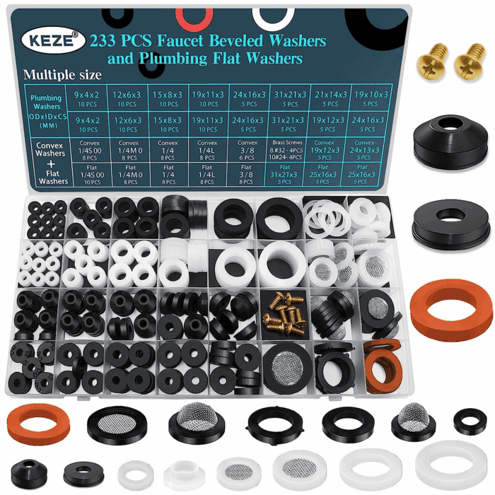 233 Pcs Plumbing and Faucet Washers Assortment Kit for Assorted Spigot Water Hose Bib outside Garden Faucet Splitter Gasket Leak Plumbes Valve Stem Worn Out Repair