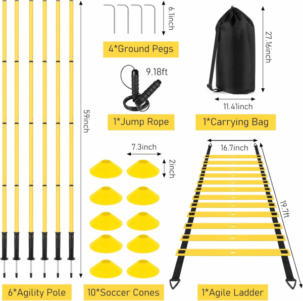 Soccer Agility Training Equipment: 6 Soccer Agility Poles, 20Ft Agility Ladder, 10 Soccer Cones, 1 Jump Rope. Soccer Training Poles for Speed Training, Agility Training - Image 2