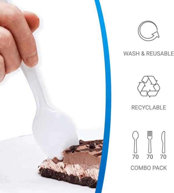 [210 Piece] White Disposable Plastic Cutlery Set, Assorted - 70 Forks, 70 Knives, 70 Spoons | Extra Durable - Image 3