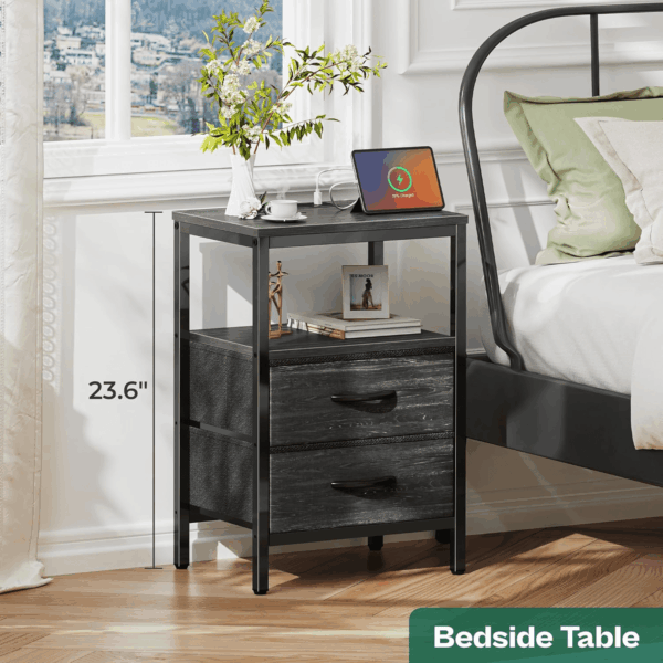 Nightstand with Charging Station, Fabric Drawers, End Table with Open Shelf, Bedside Table with USB Ports and Outlets, Night Stand for Bedroom, Charcoal Black Wood Grain Print - Image 2